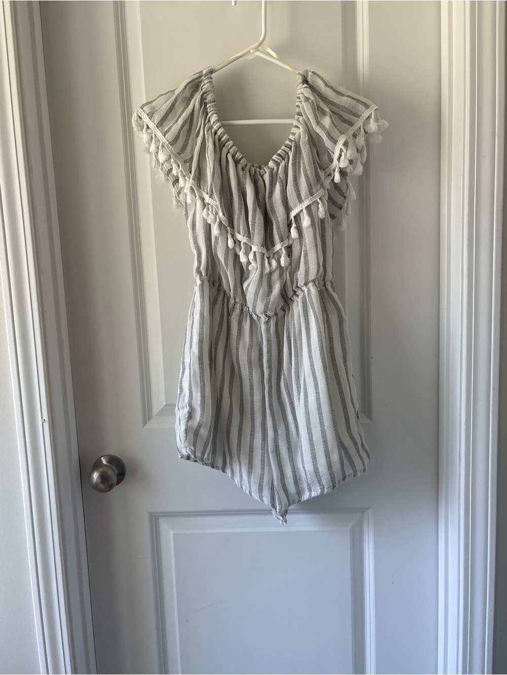 Altar'd State White and Gray Striped Tassel Romper Medium Never Worn Smoke Free